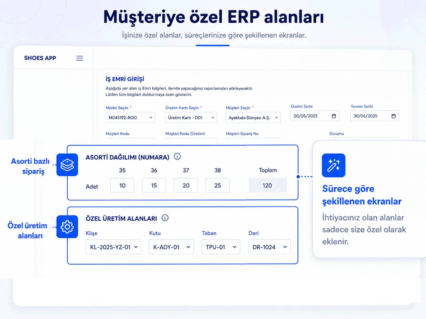 ShoeApp özel iş emri ve sipariş ekranı